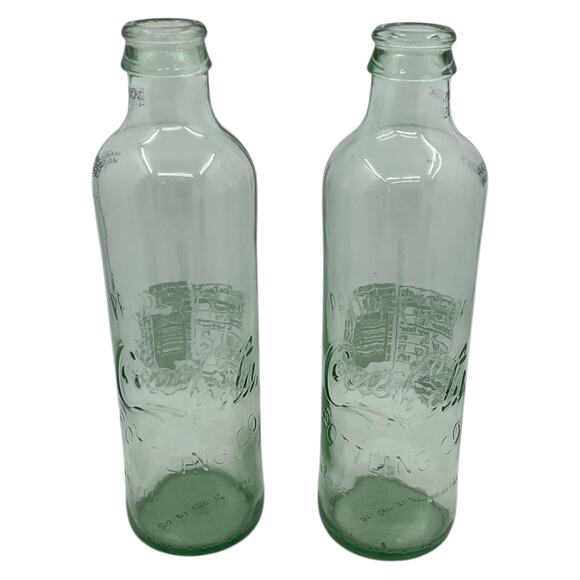 Pair Of Vintage Coca Cola 9.3 FL OZ Green Glass Bottles Embossed Script - Picture 1 of 9